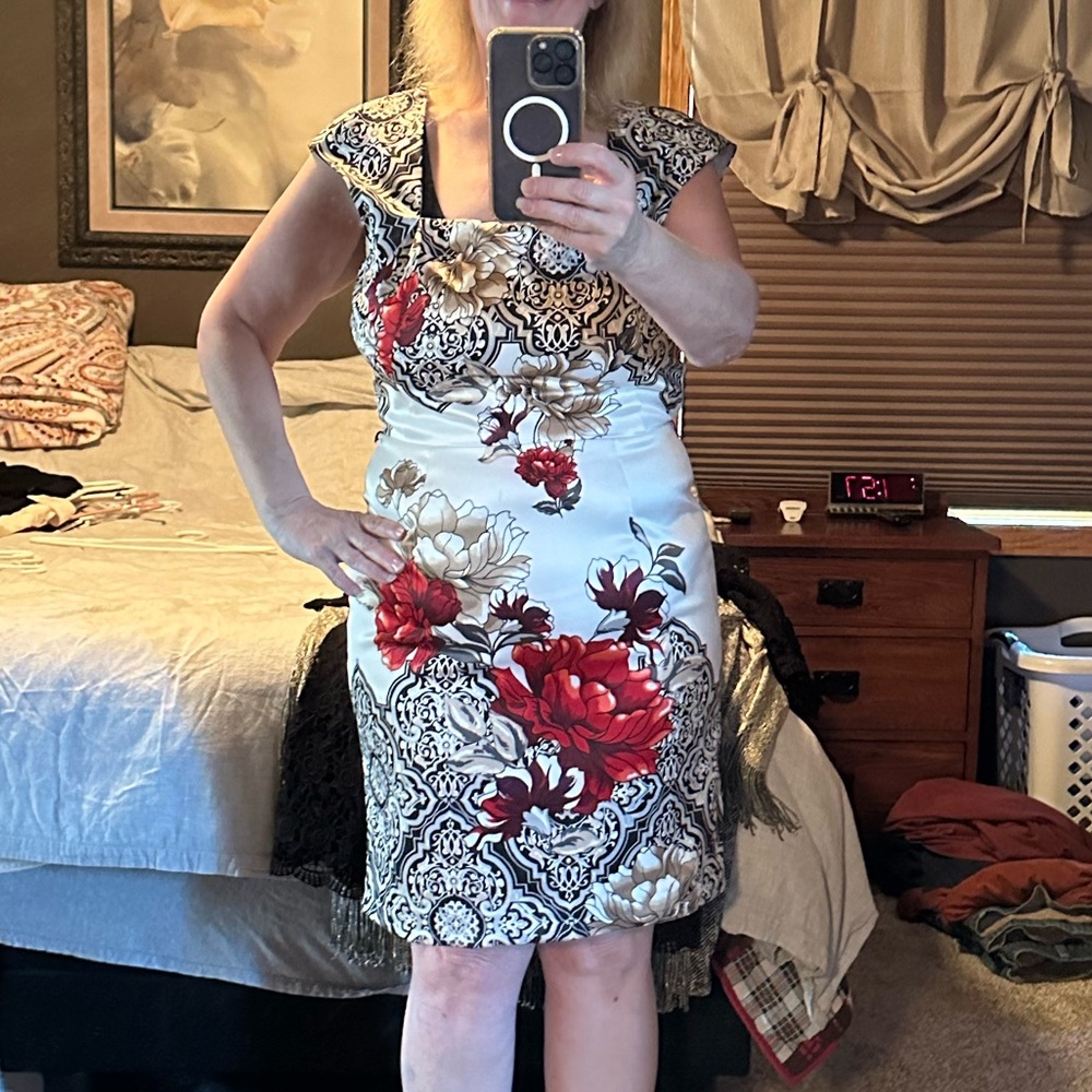 Silver and Red Sequin Embellished Sheath Dress